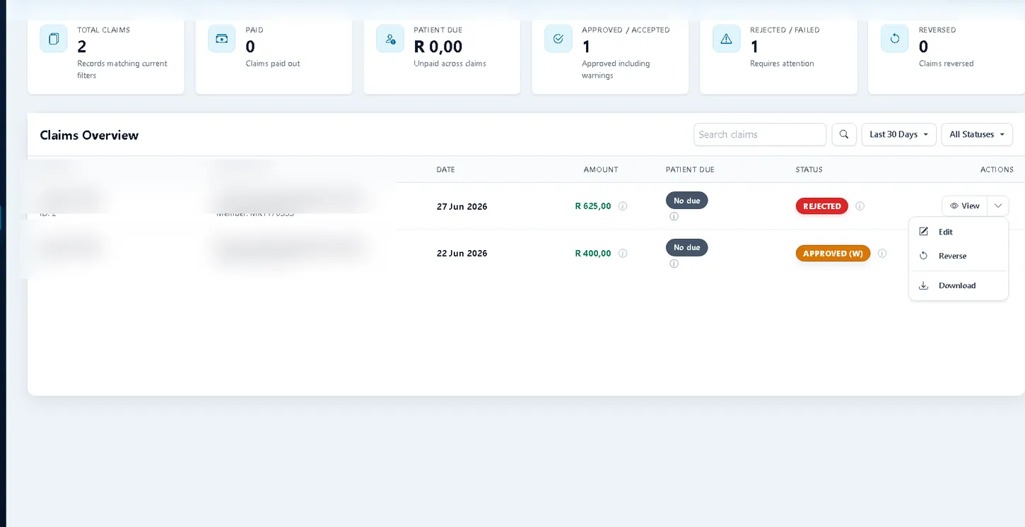 IgniteCare medical aid claims overview showing claim counts, statuses and actions